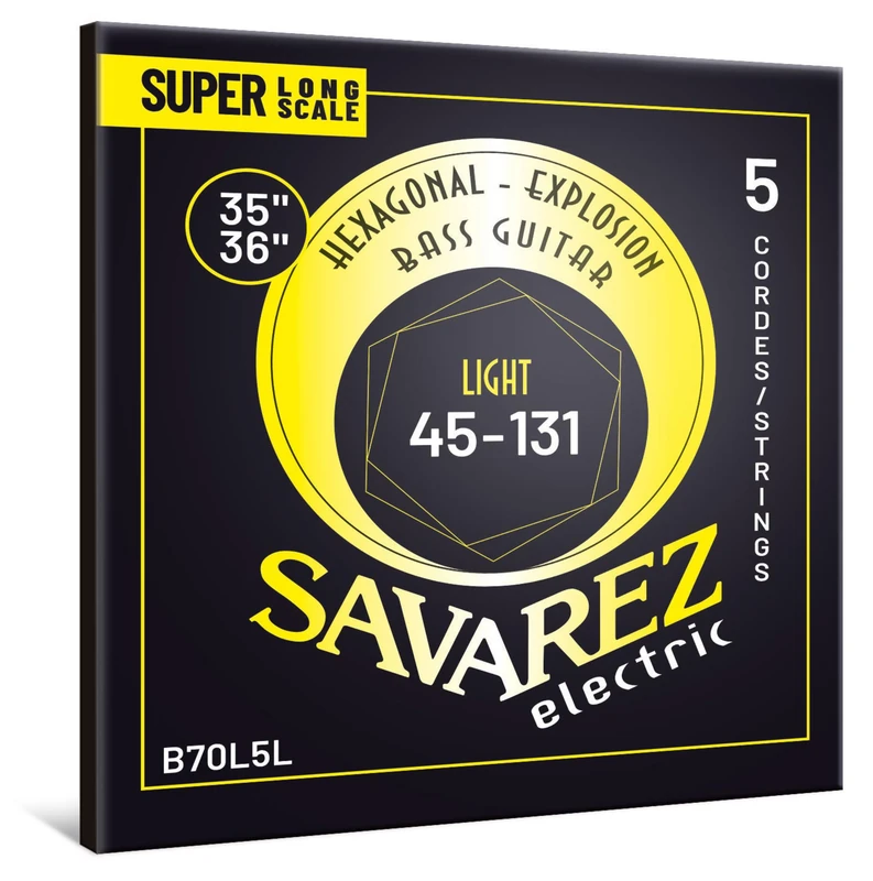 Savarez Hexagonal Explosion - Electric Bass Strings - Bass Guitar Strings - 5-String Set - Nickel-Plated Steel Winding - B70L5L Light Super Long Scale - .045-.131