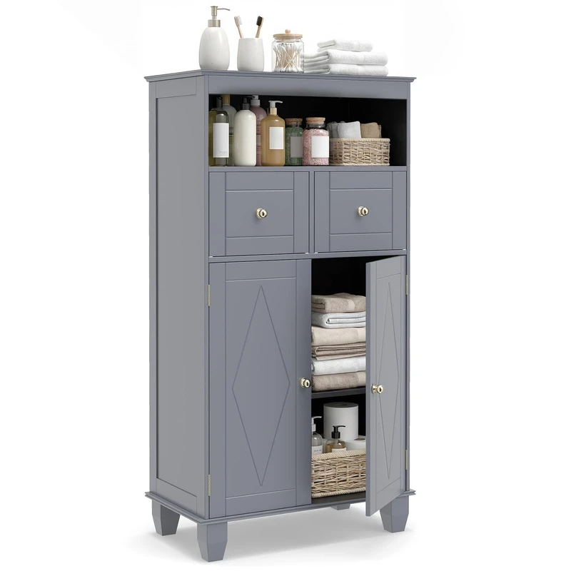 RELAX4LIFE Floor Bathroom Cabinet, 108 x 56cm High Freestanding Storage Cupboard with Double Doors, Adjustable Shelf and 2 Drawers, Wooden Floor Cabinet Storage Unit Furniture (Grey)
