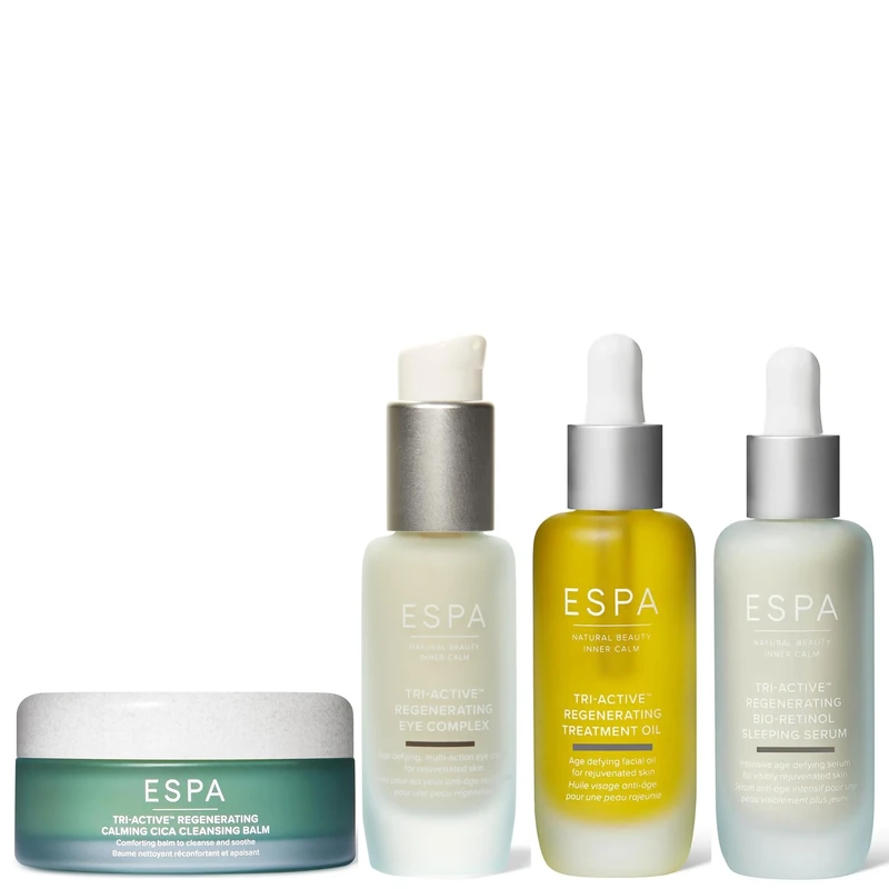 ESPA Tri-Active Regenerating Skincare Set | Cica Cleansing Balm, Eye Cream, Treatment Oil & Bio-Retinol Serum | Age-Defying, Smoothing & Radiance-Boosting Routine