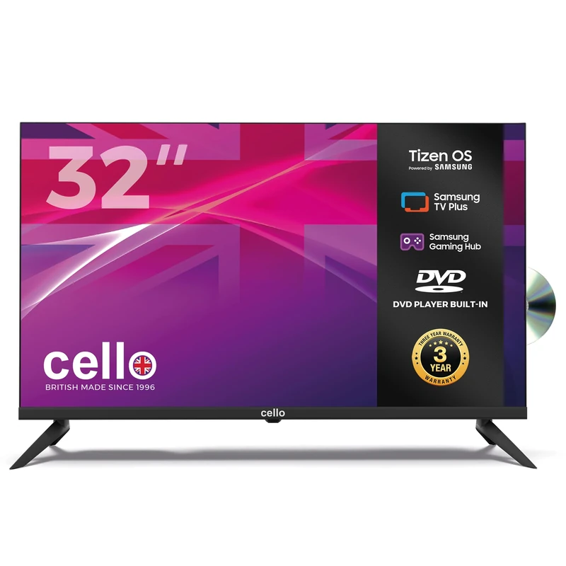 Cello C3226TZF Frameless 32 Inch HD Smart TV with DVD Powered by Tizen Operating System Cloud Gaming without Console - Bluetooth, HDMI, USB & Wi-Fi Connectivity Made in UK