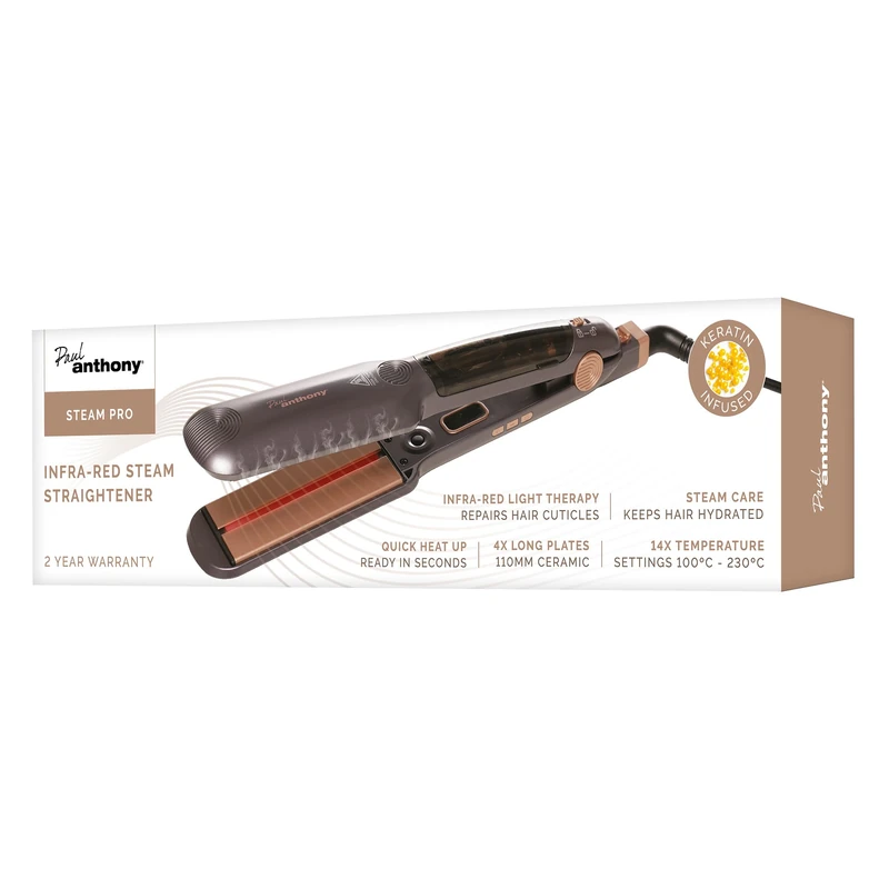 Paul Anthony Steam Pro Infrared Steam Hair Straightener, Hair Styler, Quick Heat-Up, 14 Temperature Settings, 4 Long Plates, LED Display - H2240 - Image 1