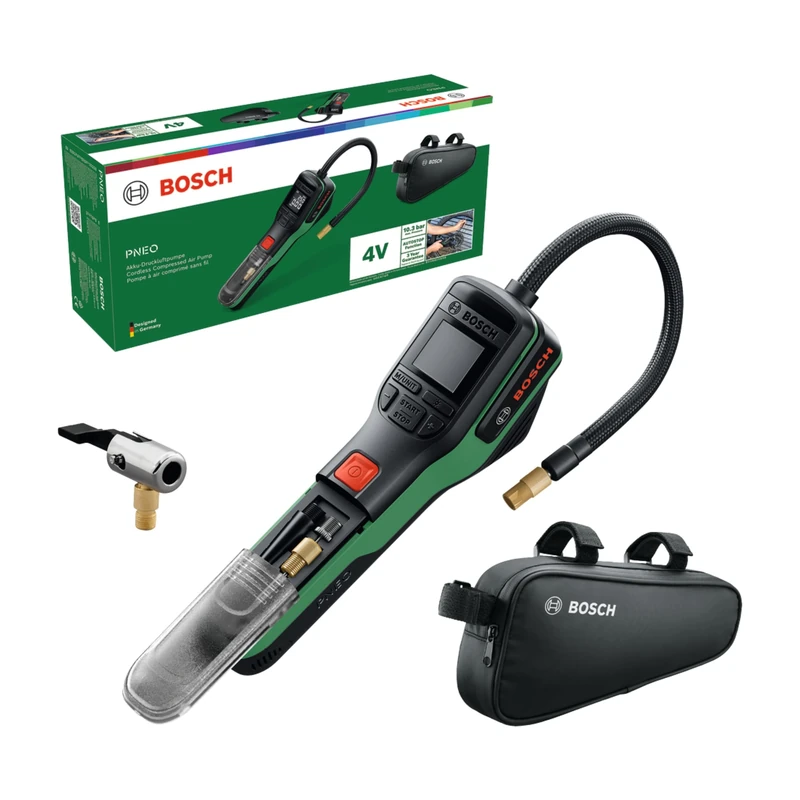 Bosch PNEO Cordless Pneumatic Pump (Compact Power BA 4V 3.0 Ah Battery, Quick Snap, Ball Needle, Presta Valve and Balloon adapters, Bike Bag, Carton Box)