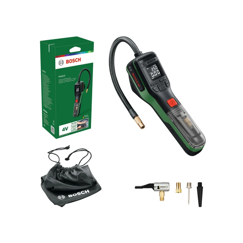 Bosch PNEO Cordless Pneumatic Pump (Compact Power BA 4V 3.0 Ah battery, Quick Snap, ball needle, presta valve and balloon adapters, fabric bag, carton box)