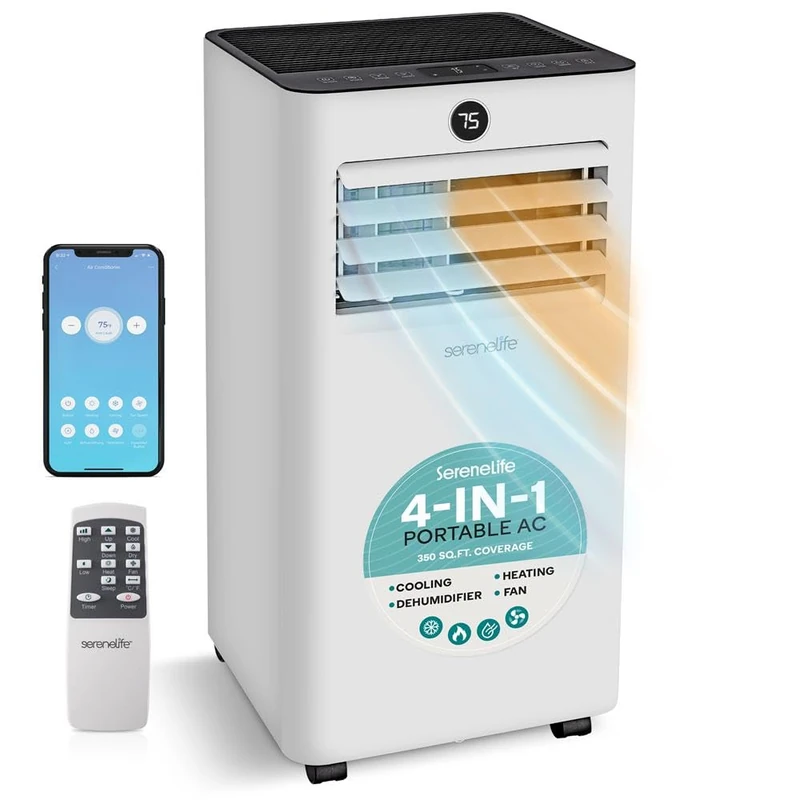 SereneLife Mobile Air Conditioner 7000 BTU White Compact WiFi - Portable Air Conditioner Heating Dehumidifier with Window Kit