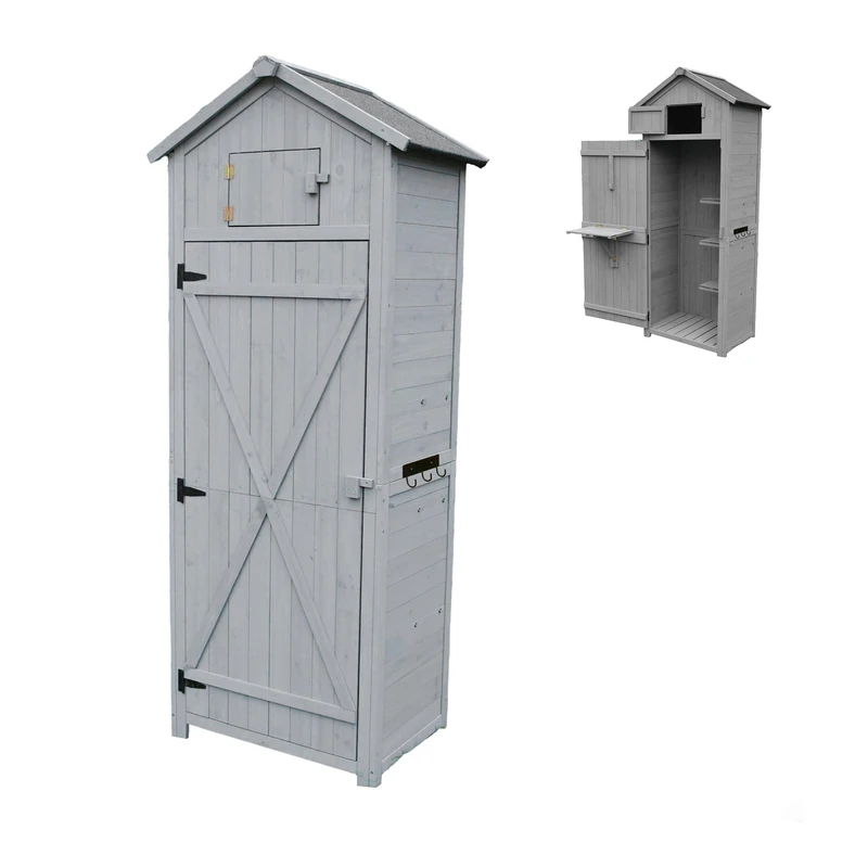 Relaxdays garden cabinet, pine, asphalt roof, 3 shelves, fold-down table, HWD: 180.5 x 75 x 50 cm, grey - Image 1