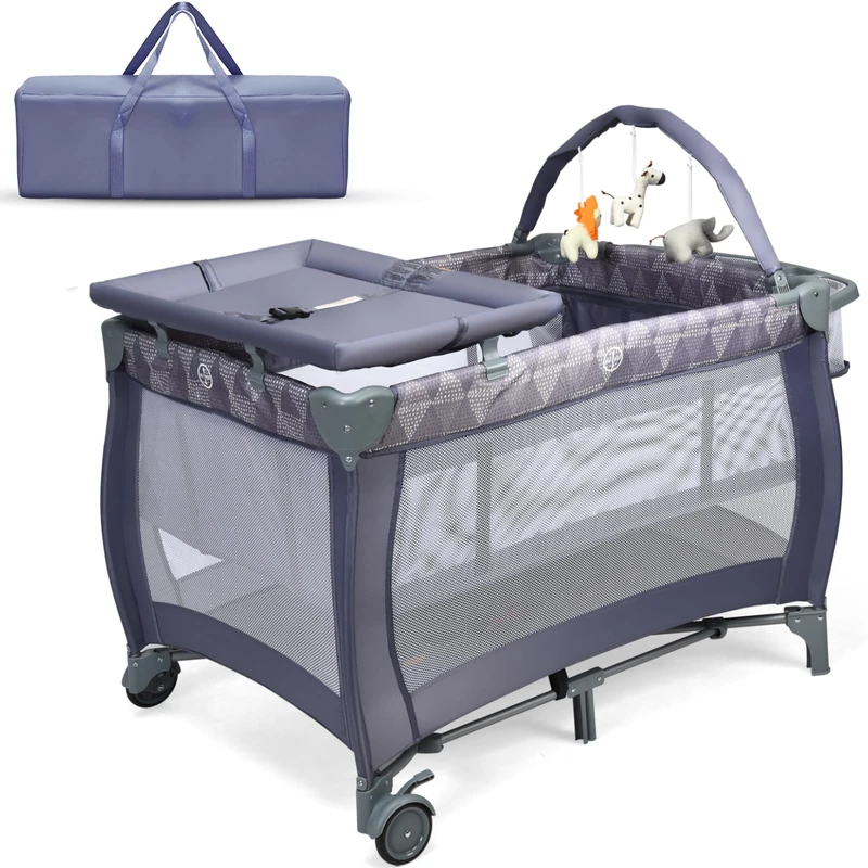 GYMAX Folding Travel Cot, Portable Baby Bed Playard with Changing Table, Storage Shelves and 3 Hanging Toys, Infant Bassinet Nursery Center from Birth to 15kg (Grey) - Image 1