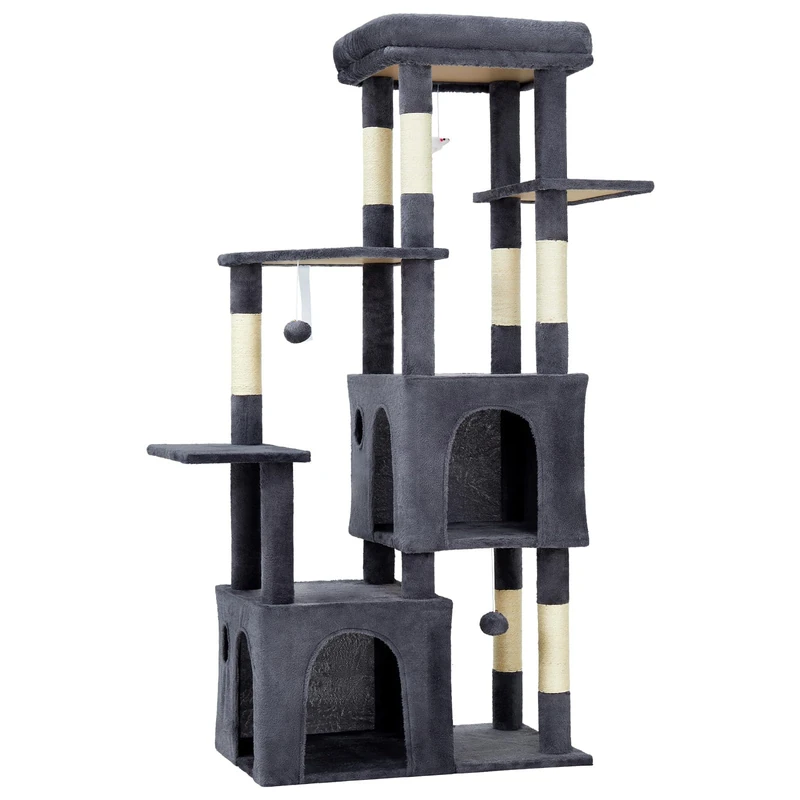 GarveeHome XXL Wooden Scratching Post Large Cats Stable - 157 cm High, Extra Large, 2 Spacious Caves, Robust Sisal Scratching Posts, Toy & Platform - Ideal as a Climbing and Play Tower - Image 1