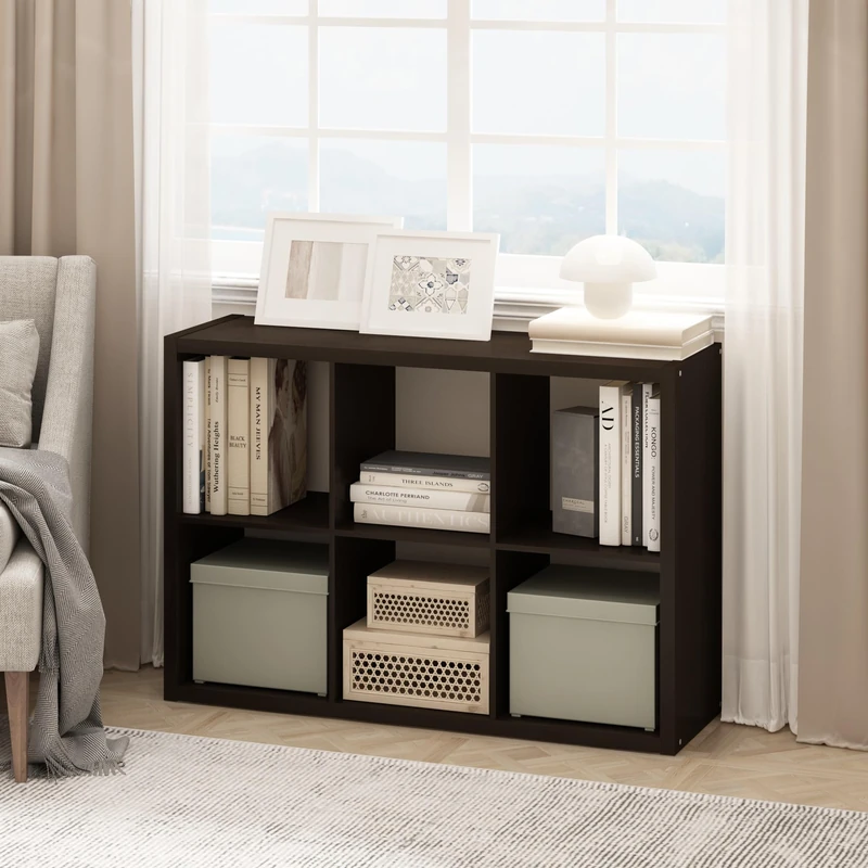 Furinno CUBICLE Book Shelf, 6-Cube Thick Frame Bookshelf, Horizontally & Vertically Reversible Bookcase with Open Back, 37.08 x 111.25 x 76.2 cm, for Living Room, Bedroom, Home Office, Black Oak - Image 1