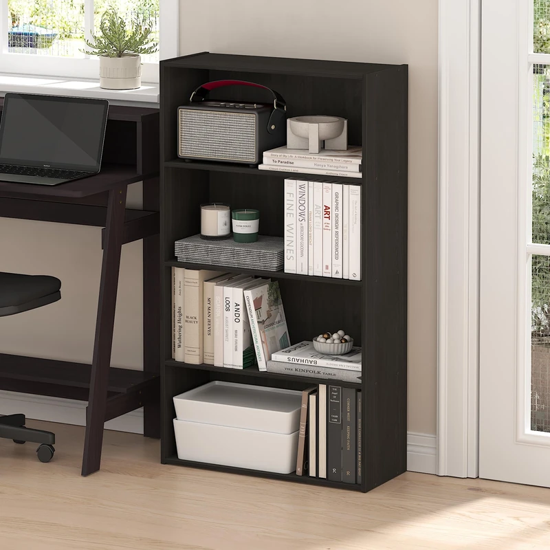Furinno PASIR Book Shelf, 4-Tier Bookshelf, Bookcase with Open Shelf, 23.9cm x 59.9cm x 105.9cm, for Living Room, Bedroom, Home Office, Black Espresso