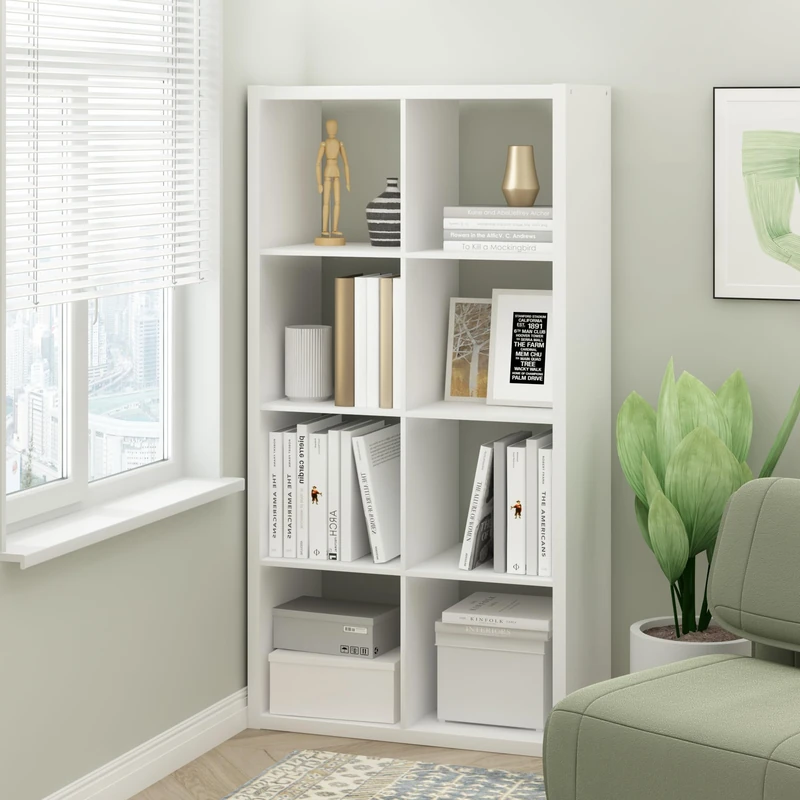 Furinno CUBICLE 8-Cube Bookshelf, Extra Thick Frame Horizontally & Vertically Reversible Bookcase with Open Back, 37.1cm x 76.2cm x 147.3cm, for Living Room, Bedroom, Home Office, Plain White