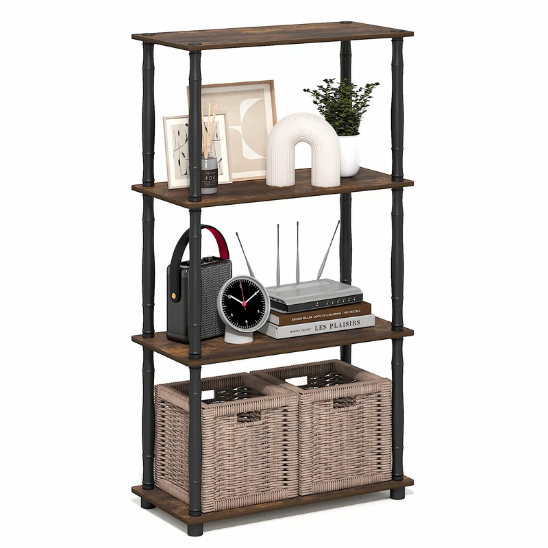 Furinno TURN-N-TUBE Storage Shelves, 4-Tier Open Frame Book Shelf, Standing Corner Shelf, Toolless Open Shelves, Classic Tubes, for Organization and Storage, Living Room, Home Office, Amber Pine
