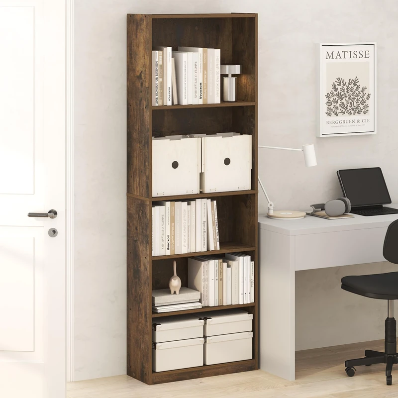 Furinno JAYA Book Shelf, 5-Tier Tall Book Shelf, Bookcase with Open Shelving, Standing Bookshelf, 24.1 x 62.5 x 180.6 cm, for Organization and Storage, for Home Office, Living Room, Amber Pine