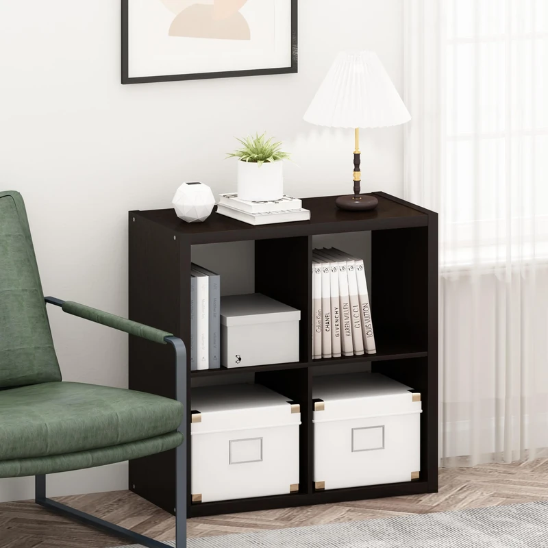Furinno CUBICLE Book Shelf, 4-Cube Bookshelf, Thick Frame Bookcase with Reversible Open Back, 37.08 x 76.2 x 76.2 cm, for Living Room, Bedroom, Home Office, Black Oak