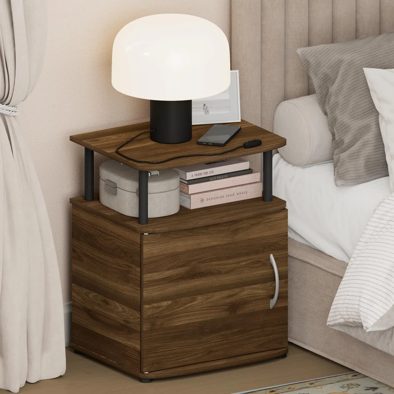 Furinno JAYA Night Stand with Door, Nightstand with Open Shelf and Door Cabinet, Round Corner Bedside Table, Side Table, End Table, for Bedroom, Closet, Living Room, Amber Pine