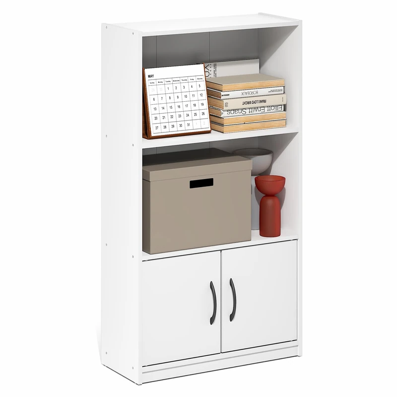 Furinno GRUEN Book Shelf, 3-Tier Bookshelf, Bookcase with Open Shelf and Doors Storage Cabinet, 23.6 x 55.4 x 100.3 cm, for Organization and Storage, for Living Room, Bedroom, Home Office, White