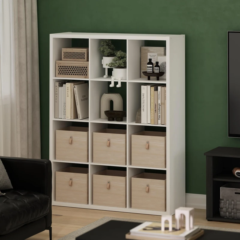 Furinno CUBICLE Book Shelf, 12-Cube Thick Frame Bookshelf, Reversible Bookcase with Open Back, 37.08 x 111.25 x 147.32 cm, for Living Room, Bedroom, Home Office, Plain White - Image 1