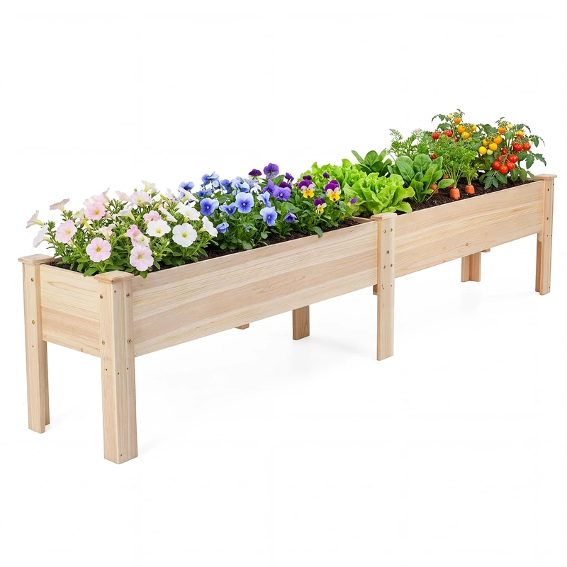 FANTASK Raised Bed with Shelf, 240 x 43.5 x 51.5 cm, Plant Pot with Drainage Holes and 2 Plant Areas, Rectangular Herb Bed, Garden Bed for Patio, Balcony (Natural) - Image 1