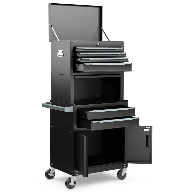 HOMFME 3-in-1 Heavy-Duty Metal Tool Cabinet, 6-Drawer Rolling Tool Chest Combo with Lockable Drawers, Mobile Workshop Service Cart & Utility Trolley for Garage (Classic Black)
