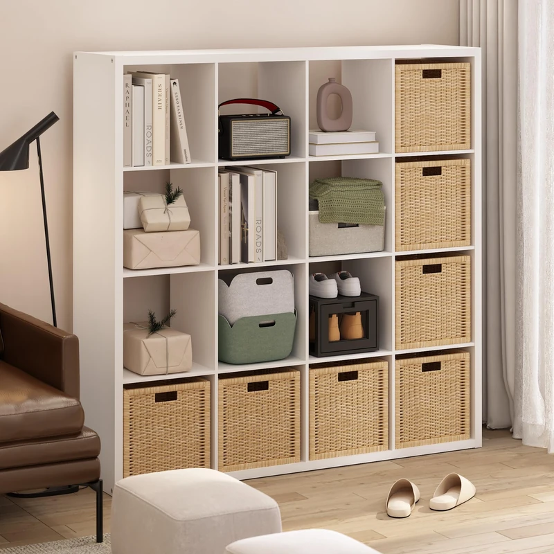 Furinno CUBICLE Book Shelf, 16-Cube Thick Frame Bookshelf, Reversible Bookcase with Open Back, 37.08 x 146.81 x 147.32 cm, for Living Room, Bedroom, Home Office, Plain White