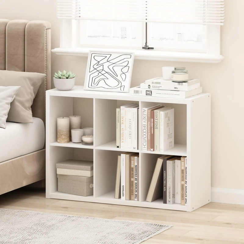 Furinno Cubicle Bookcase, 6 Cube Thick Frame, Horizontal and Vertically Reversible Open Back Bookcase, 37 x 111.5 x 30 cm, for Living Room, Bedroom, Office, Plain White