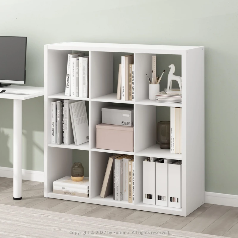 Furinno CUBICLE Book Shelf, 9-Cube Bookshelf, Extra Thick Frame Reversible Bookcase with Open Back, 37.08 x 111.76 x 111.76 cm, for Living Room, Bedroom, Home Office, Plain White - Image 1