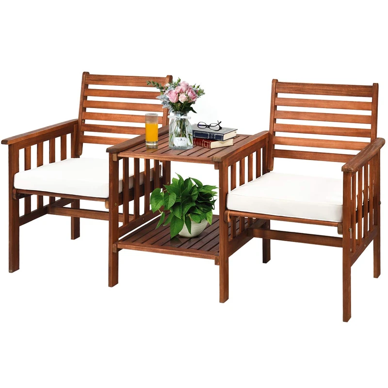 RELAX4LIFE 3PCS Garden Furniture Set, Outdoor 2-Seater Loveseat with Coffee Table & Umbrella Hole, Acacia Wood Conversation Chairs Table Set for Balcony Poolside (Brown + White, Acacia Wood)