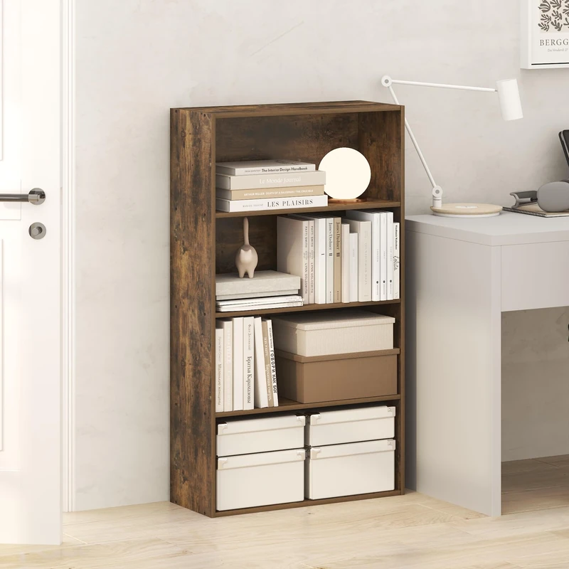 Furinno JAYA Book Shelf, 4-Tier Book Shelf, Bookcase with Open Shelving, Standing Bookshelf, 24.1 x 59.9 x 106.4 cm, for Organization and Storage, for Home Office, Living Room, Amber Pine