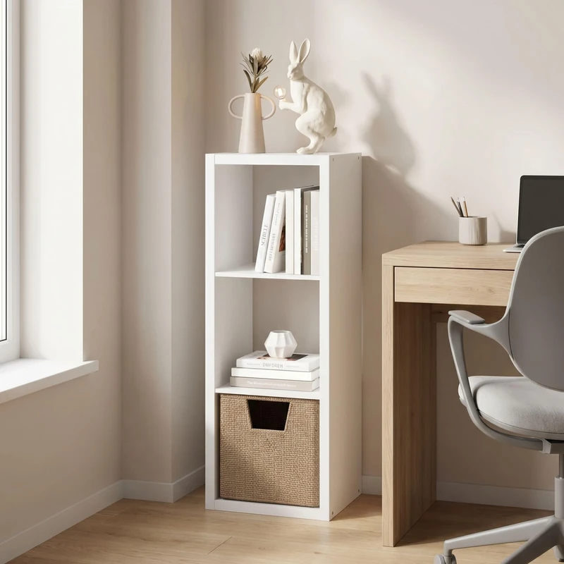 Furinno CUBICLE Book Shelf, 3-Cube Thick Frame Bookshelf, Horizontally & Vertically Reversible Bookcase with Open Back, 37.08 x 40.39 x 111.76 cm, for Living Room, Bedroom, Home Office, Plain White - Image 1