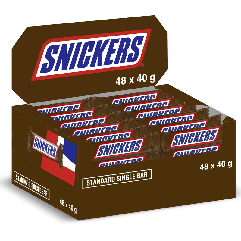 Snickers Chocolate Bars Bulk Box 48 x 40g, Bars of Milk Chocolate with Caramel & Peanut Nougat Centre, Milk Chcocolate Treats for, Movie Night, Snacks, Pantry Filler, Sweet and Salty Chocolate Gift.