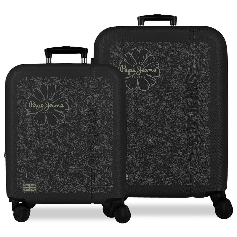 Pepe Jeans Eloise Suitcase Set Black 55/68 cm Rigid ABS Integrated Combination Lock 109L 6.08kg 4 Double Wheels Extendable Hand Luggage by Joumma Bags