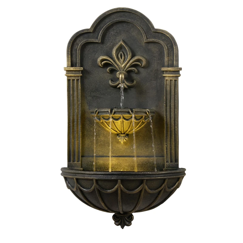 Teamson Home Fleur-de-Lis Outdoor Wall Fountain 80 cm with Integrated LED Lighting and Decorative Black/Gold Finish - Image 1