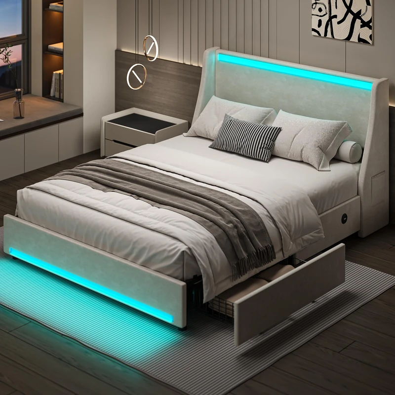 VECELO 4ft6 Double Bed Frame with LED Lights, Velvet Upholstered Platform Bed with 2 Storage Drawers, Side Pockets, Dual USB and Type-C Charging Ports, Easy Assembly, No Box Spring Needed