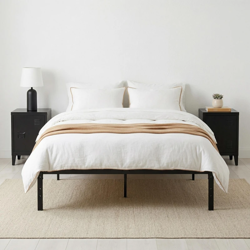 FurnitureR Black Metal Double Bed Frame, Minimalist Headless Design, Heavy Duty Steel Slats, 28cm Under-Bed Storage, Noise-Free Platform Bed, Easy Assembly