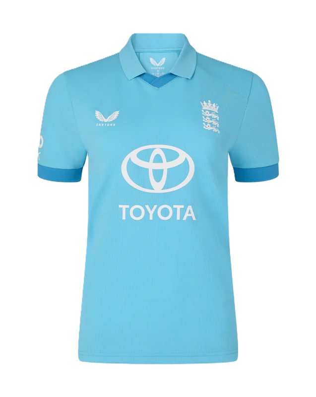 Castore England Cricket Women's ODI Replica Short Sleeve Shirt, Blue Attoll, 8