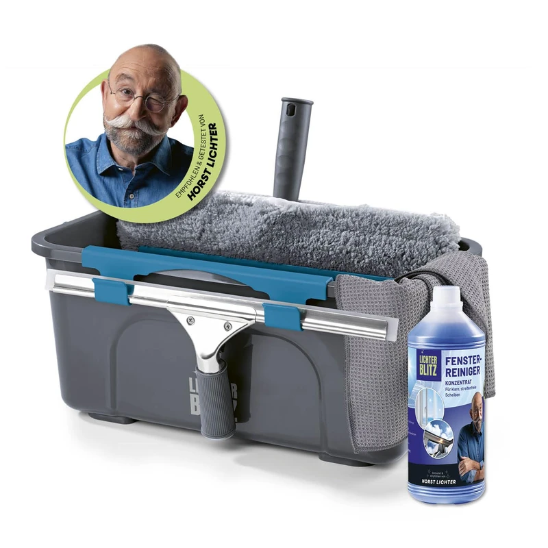 LICHTERBLITZ Complete Window Cleaner Set, Professional Window Cleaning, Includes Window Squeegee, 12 Litre Bucket with Shelf, Squeegee, Wiper, Microfibre Cloth & Cleaning Agent, for Home and Car - Image 1