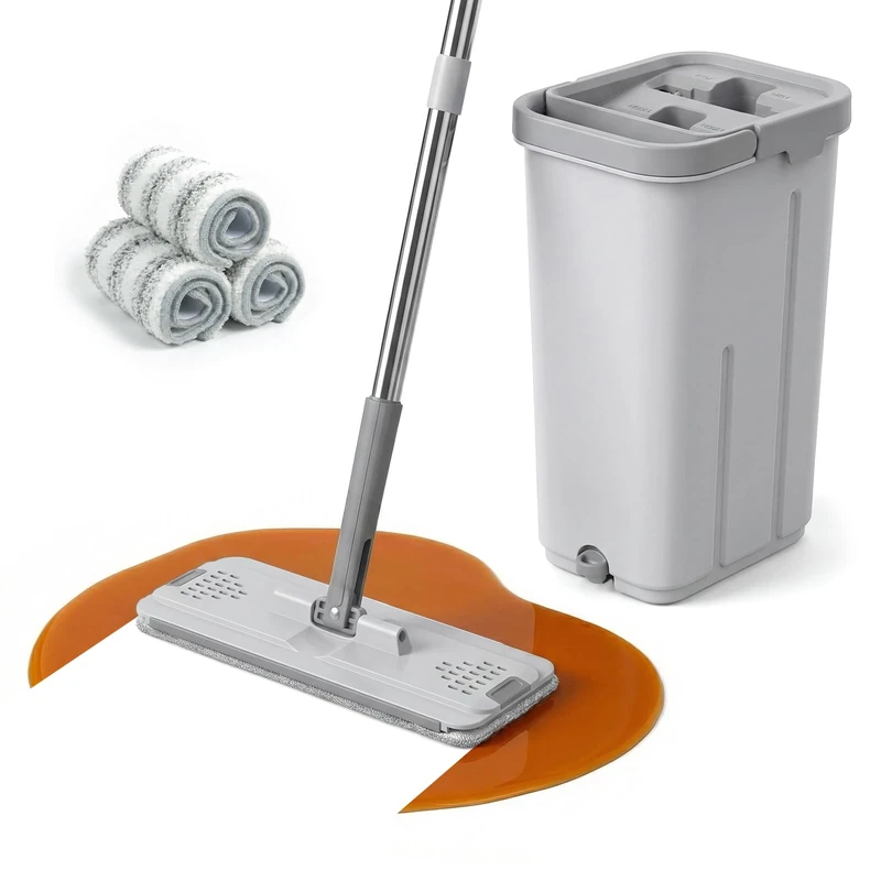 TreeLen Mop and Bucket Set with Wringer, Hands-Free Flat Mop with Self-Cleaning Function, Includes 3 Washable Microfibre Pads, Wet & Dry Floor Cleaning System for All Floor Types,
