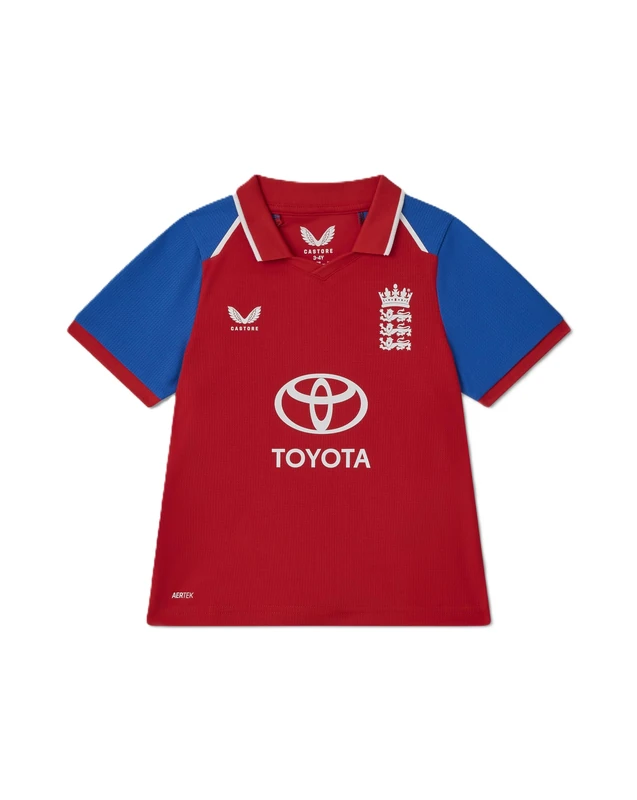 Castore England Cricket Unisex Kids T20 Replica Short Sleeve Shirt, Red Fiery, 5-6Y