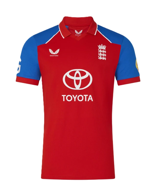 Castore England Cricket Men's T20 Replica Short Sleeve Shirt, Red Fiery, XL - Image 1