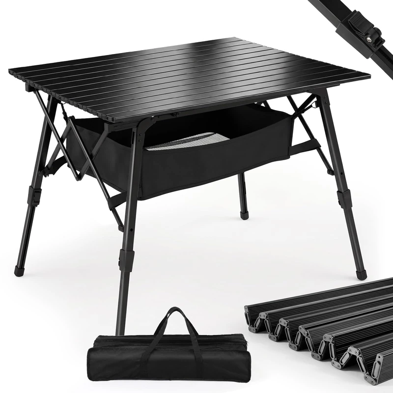 Sekey Camping Table Foldable Folding Table with Aluminium Frame Roll-up Table Top (72 x 69 cm) Folding Table Foldable Height Adjustment Including Carry Bag and Mesh Bag, Maximum Load 30 kg