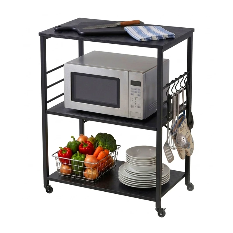 Relaxdays Kitchen Trolley, 3 shelves, 6 S-hooks, HxWxD: 89 x 60 x 40 cm, MDF & steel, serving trolley, black