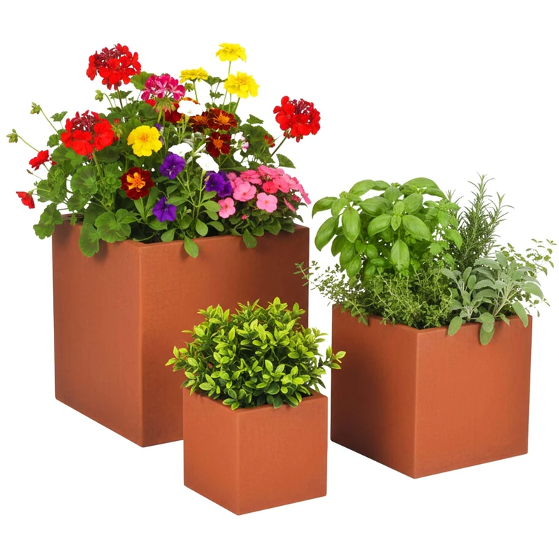 Relaxdays Planter Set, 3 Sizes, Rust Effect, Garden, Balcony, Square Planters, Carbon Steel, Rust-Brown