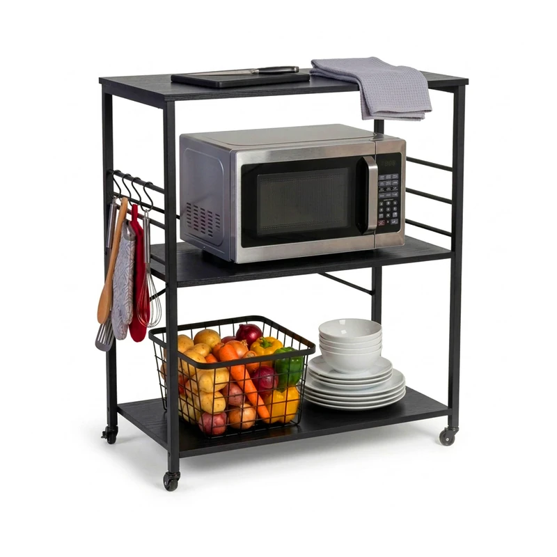 Relaxdays Kitchen Trolley, 3 shelves, 6 S-hooks, HxWxD: 89 x 80 x 40 cm, MDF & steel, black