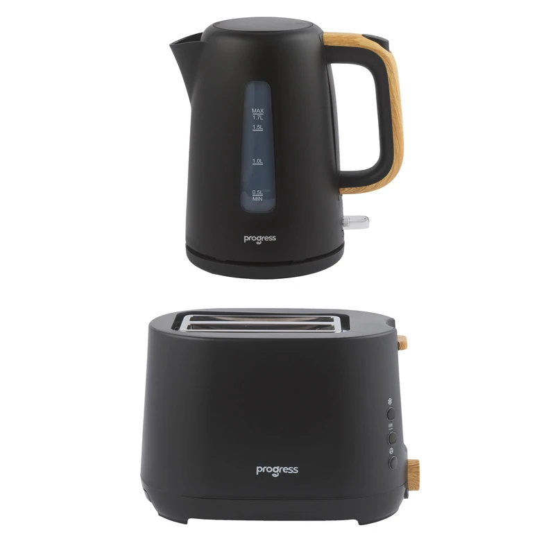 Progress Skara Kettle & 2-Slice Toaster Set – 1.7L 3000W Rapid Boil Kettle & 750W Toaster with 6 Browning Levels, Defrost, Reheat & Cancel, Black with Wooden Accents