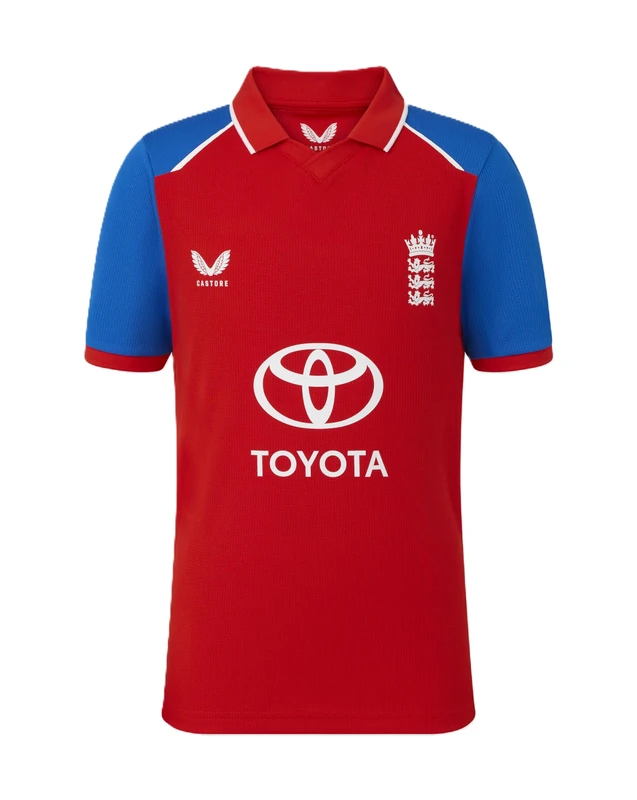 Castore England Cricket Unisex Kids T20 Replica Short Sleeve Shirt, Red Fiery, 12-13Y - Image 1