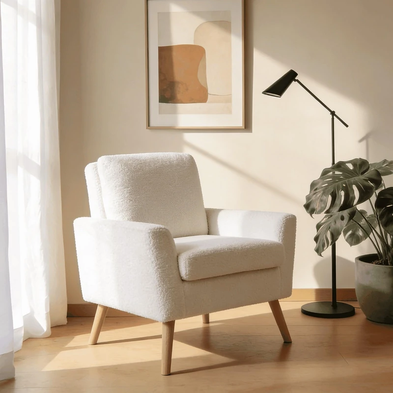 Home Source Elmwick Boucle Armchair with Rubberwood Legs - 77W x 75D x 89H cm | Compact Reading Seat for Bedroom or Living Room - Image 1