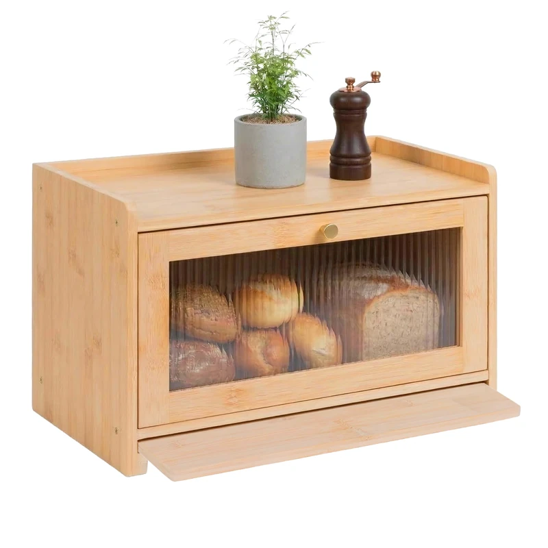 Relaxdays bread bin, bamboo, chopping board, shelf, ventilation holes, viewing window, HxWxD: 26 x 40 x 25 cm, natural