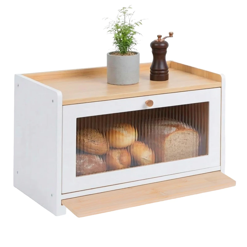 Relaxdays Bread Bin, Bamboo, Chopping Board, Shelf, Ventilation Holes, Viewing Window, HxWxD: 26 x 40 x 25 cm, White