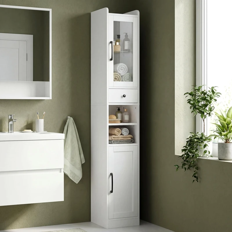 IRONCK Tall Bathroom Cabinet, 180cm Slim Bathroom Storage Unit with Drawer, Adjustable Shelves & Toilet Paper Holder, Freestanding Slim Cupboard for Small Spaces, White (30cm)