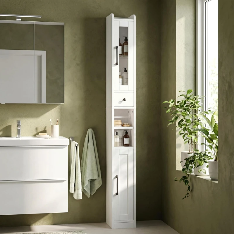 IRONCK Tall Bathroom Cabinet, 180cm Slim Bathroom Storage Unit with Drawer, Adjustable Shelves & Toilet Paper Holder, Freestanding Slim Cupboard for Small Spaces, White (20×20×180cm)