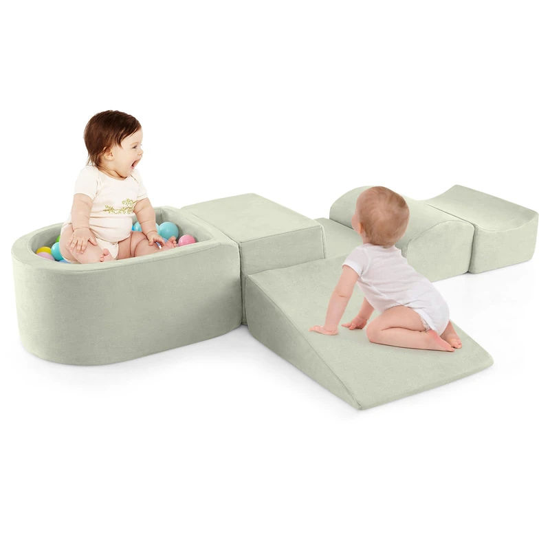 GYMAX Soft Play Equipment, 5 Pieces Kids Activity Set with Ball Pit, Baby Soft Foam Blocks Interactive Toy Foam Climbing Block Play Set for Toddlers (Green)